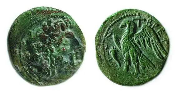 Moneta-brettia-Zeus-coronato-di-alloro-aquila-e-legenda-BRET-208-205-a.C