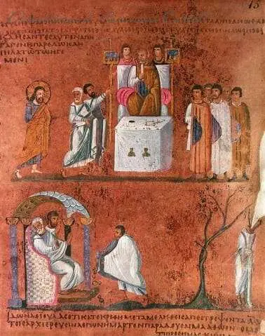Il processo di Cristo davanti a Pilato La miniatura, realizzata a piena pagina, illustra, nella metà superiore, la scena dell'inizio del processo: Gesù Cristo è a sinistra in piedi, mentre Pilato è seduto al centro sedia ; alle sue spalle due giovani reggono dei bastoni d'oro con placche rettangolari raffiguranti dei ritratti. Cristo fissa il sacerdote Caifa, mentre il sacerdote Anna, che compare con capelli e barba nera, formula le accuse. Dalla parte opposta si trovano cinque uomini immobili che guardano Cristo. Sotto la scena del processo è riprodotto il pentimento di Giuda. La scena di sinistra è focalizzata sull’ atto di restituire i trenta denari ai sacerdoti e sul loro rifiuto. A destra il corpo di Giuda appeso ad un albero conclude l’episodio.