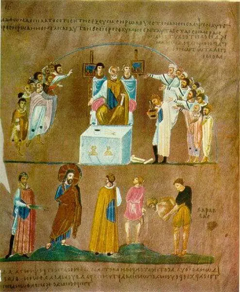 La scelta fra Gesù e Barabba Descrizione Nella metà superiore della pagina illustrata, Pilato viene raffigurato al centro, seduto nello stesso tribunale presente nella miniatura del processo a Cristo. Ai lati del tribunale una folla di uomini gesticolano, mentre a destra una figura in uniforme è occupata a scrivere su una tavoletta di cera. Nella metà inferiore della pagina, a sinistra, Cristo è fiancheggiato da due ufficiali, a destra Barabba si accompagna a due carcerieri. Il carceriere, vestito di rosso, tiene una fune attorno al collo di Barabba e guarda Pilato, mostrando di attendere una sua decisione.