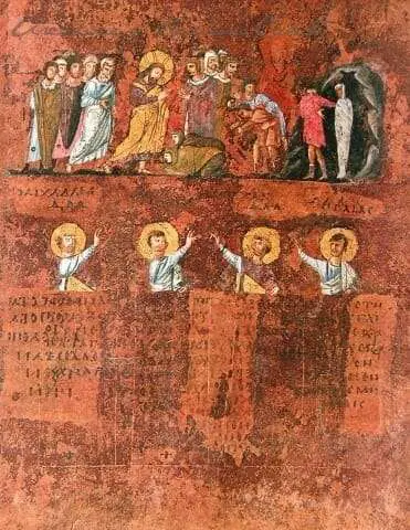 Risurrezione di Lazzaro La miniatura raffigura Gesù Cristo, con la mano destra benedicente, nell'atto di pronunciare l'ordine: "Lazzaro, alzati e cammina". Dietro la figura di Gesù si scorge il gruppo degli apostoli, mentre davanti a lui si distinguono le figure di Maria e di Marta, con la schiena rivolte al sepolcro, ancora ignare della resurrezione del fratello Lazzaro. Due giovani, posti tra le due donne e la caverna, si fanno interpreti del dolore delle due sorelle e del loro imminente stupore. Al fianco del resuscitato appare un giovane coperto fin sopra il naso da una veste rosa, che sembra condurre fuori dal sepolcro Lazzaro avvolto tra le fasce di un lenzuolo bianco. Nella miniatura vengono ritratte due scene del miracolo: quello in cui Gesù viene pregato per la guarigione di Lazzaro e quella in cui il miracolo è compiuto.