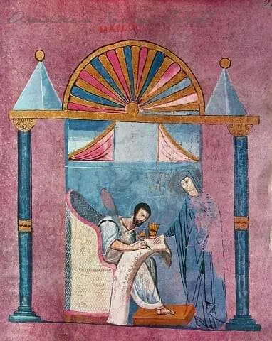 Ritratto di Marco Il ritratto di Marco è l'unica figura di evangelista rimasta in un codice greco dei Vangeli, anteriore al X secolo, come fece notare il paleografo Guglielmo Cavallo( G. Cavallo, Codex Purpureus Rossanensis, Padova, 1992, p. 31). L'evangelista, seduto, si protende in avanti con lo sguardo fisso sulla mano destra che si posa su un largo rotolo aperto sulle ginocchia, che riporta il titolo del suo Vangelo: "Inizio del Vangelo di Gesù Cristo, figlio di Dio". Davanti a lui una figura femminile avvolta in una veste azzurra, probabilmente Sophia (la Sapienza) sembra dettargli ciò che deve scrivere